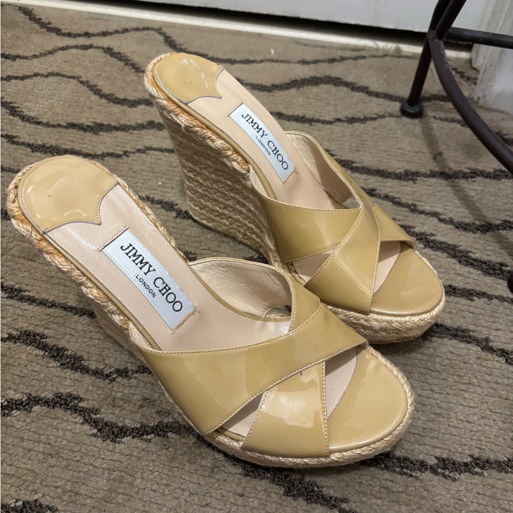 Jimmy Choo Tan Wedge Shoes with Criss-Cross Straps